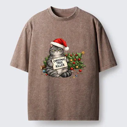 Tokyo-Tiger Playful Cat Messing With Christmas Tree Washed T-Shirt