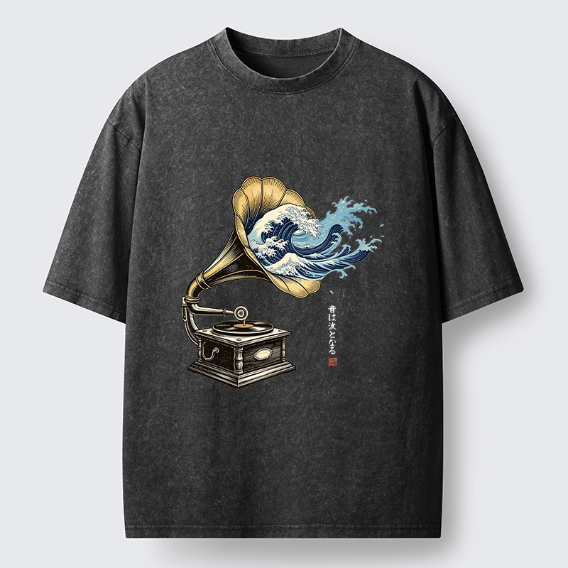 Tokyo‑Tiger Funny Wave Gramophone Washed T‑Shirt
