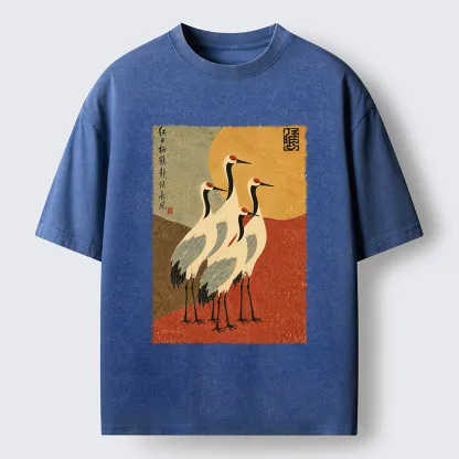 Tokyo-Tiger Oriental Crane Group Painting Washed T-Shirt