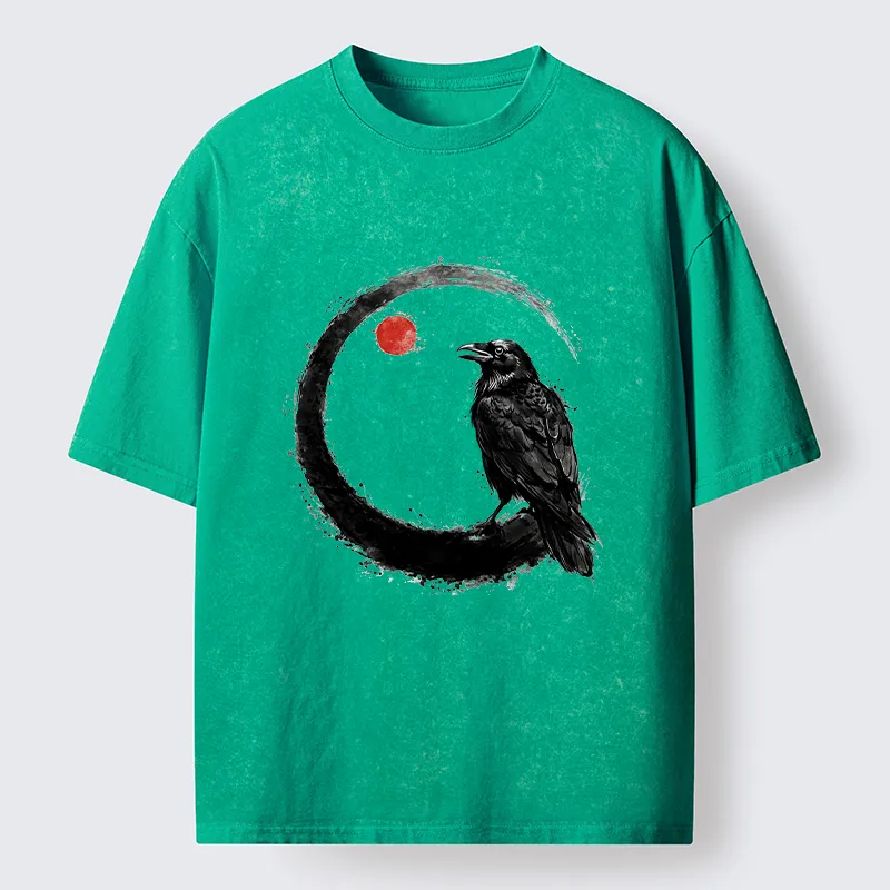 Tokyo-Tiger Japanese Circle Crow Scene Washed T-Shirt