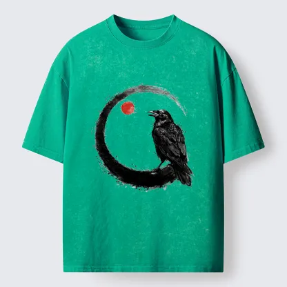 Tokyo-Tiger Japanese Circle Crow Scene Washed T-Shirt