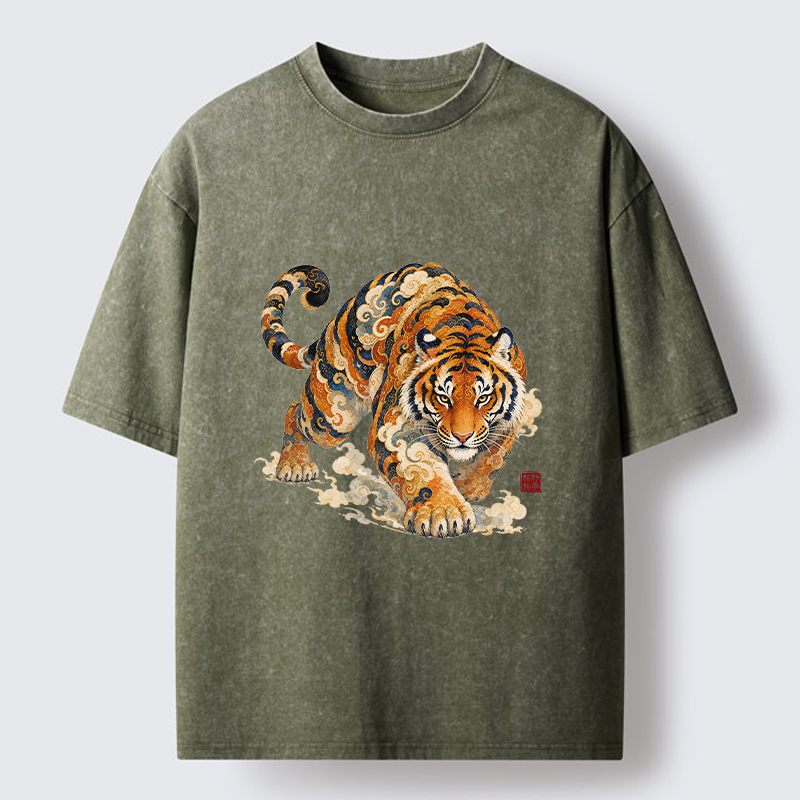 Tokyo-Tiger Vintage Cloud Tiger Print Washed T-Shirt