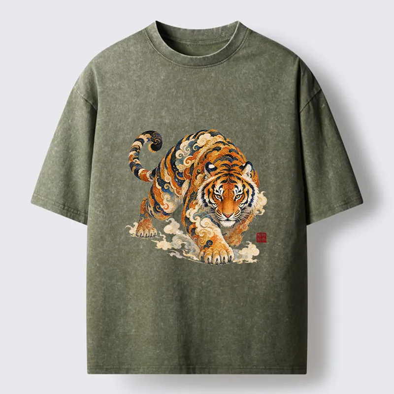 Tokyo-Tiger Vintage Cloud Tiger Print Washed T-Shirt