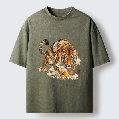 Tokyo-Tiger Vintage Cloud Tiger Print Washed T-Shirt