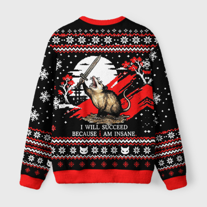 Tokyo-Tiger Funny Warrior Opossum Meme Fuzzy Christmas Ugly Sweatshirt