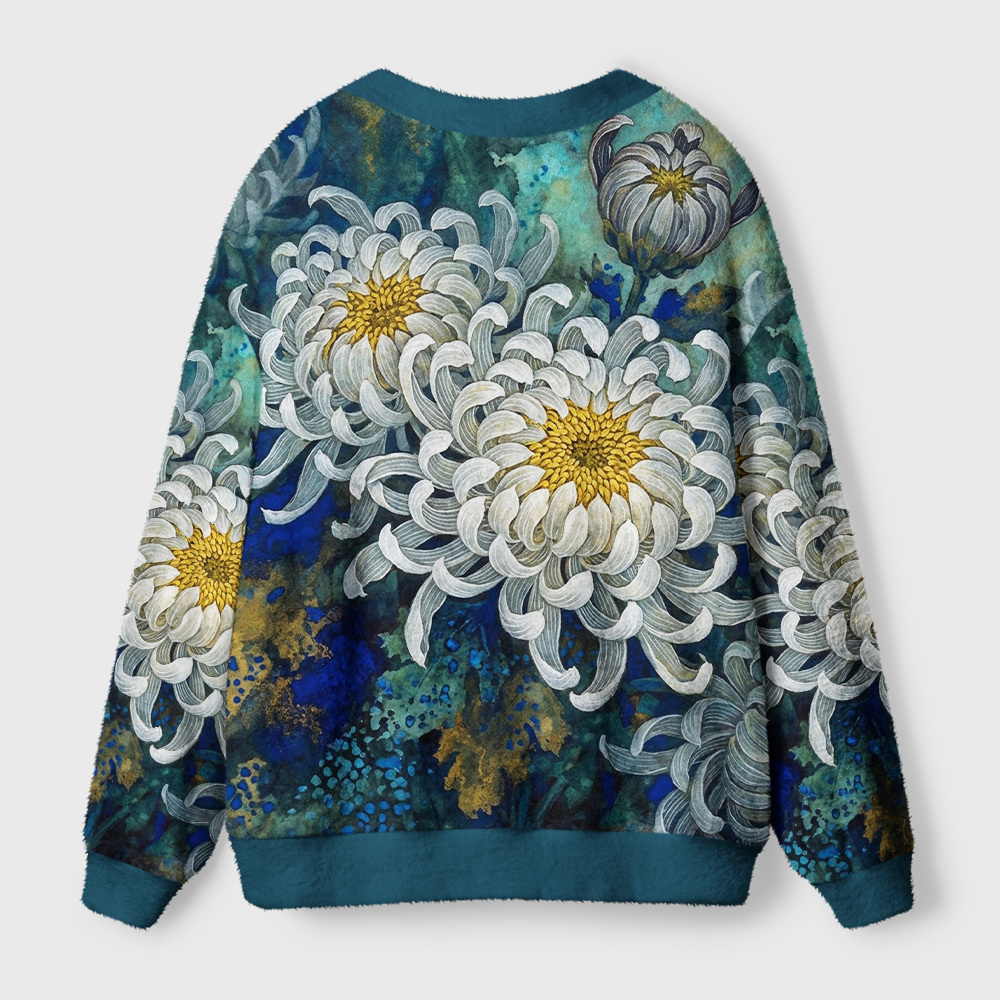 Tokyo-Tiger Indigo‑Blue Mums Ugly Cardigan Sweater