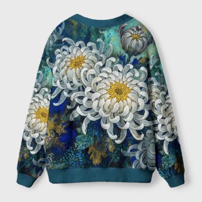 Tokyo-Tiger Indigo‑Blue Mums Ugly Cardigan Sweater