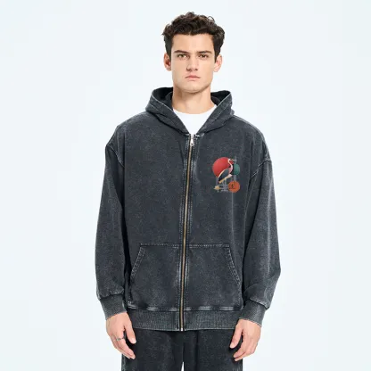 Tokyo-Tiger Geometric Crane Art Washed Zip Hoodie