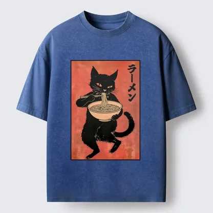 Tokyo‑Tiger Retro Cat Ramen Washed T‑Shirt
