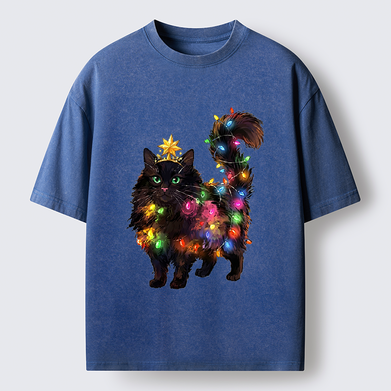Tokyo-Tiger Christmas Black Cat With Star Crown Washed T-Shirt