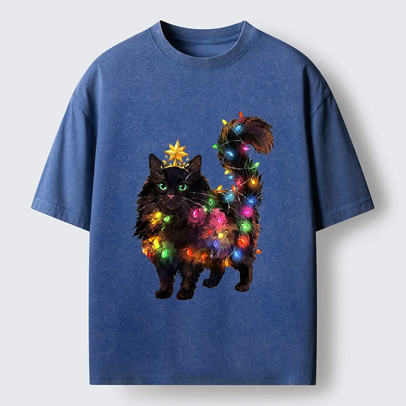 Tokyo-Tiger Christmas Black Cat With Star Crown Washed T-Shirt