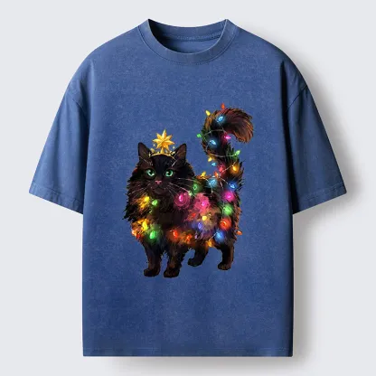 Tokyo-Tiger Christmas Black Cat With Star Crown Washed T-Shirt