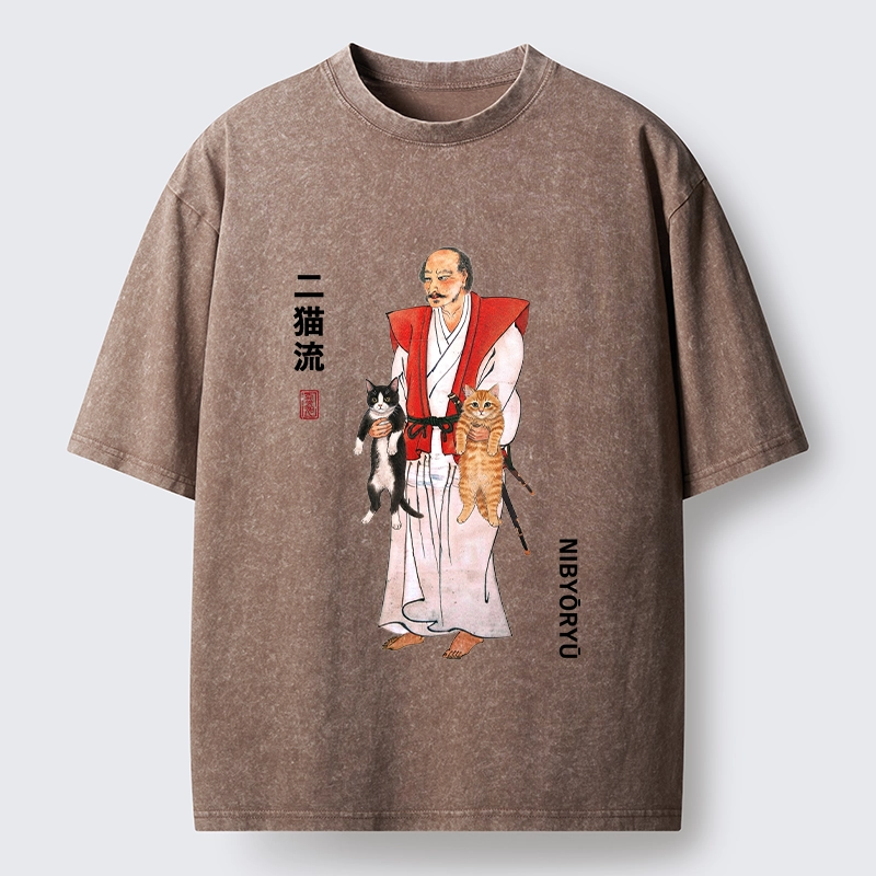 Tokyo‑Tiger Two Cat Samurai Vibe Washed T‑Shirt