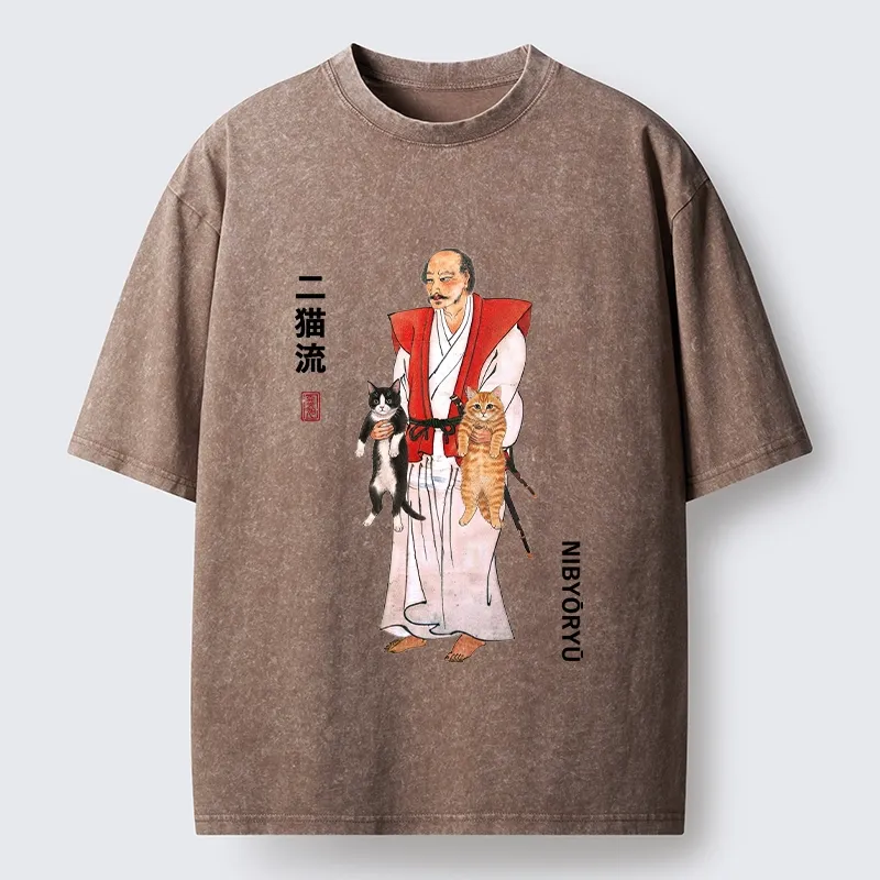 Tokyo‑Tiger Two Cat Samurai Vibe Washed T‑Shirt