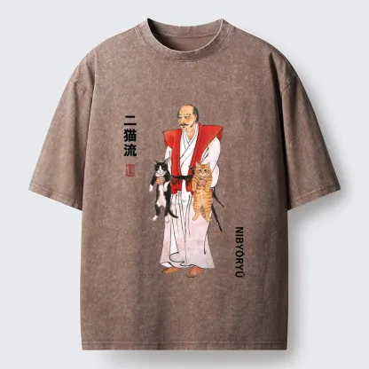 Tokyo‑Tiger Two Cat Samurai Vibe Washed T‑Shirt