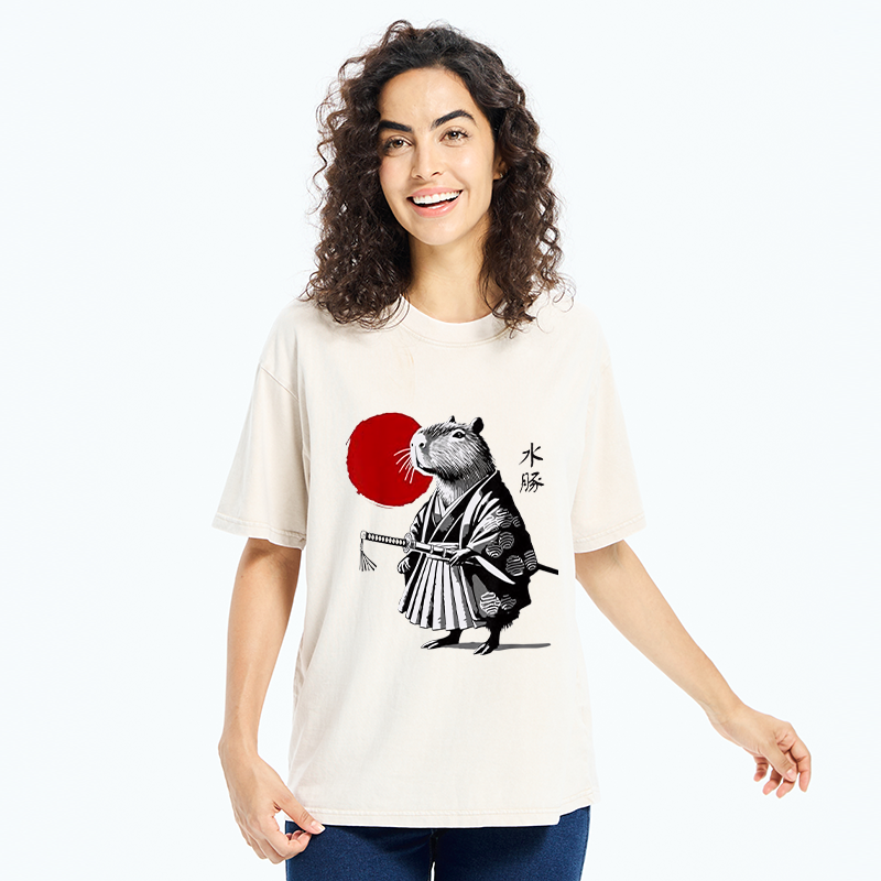 Tokyo-Tiger Capybara Samurai And Sun Washed T-Shirt