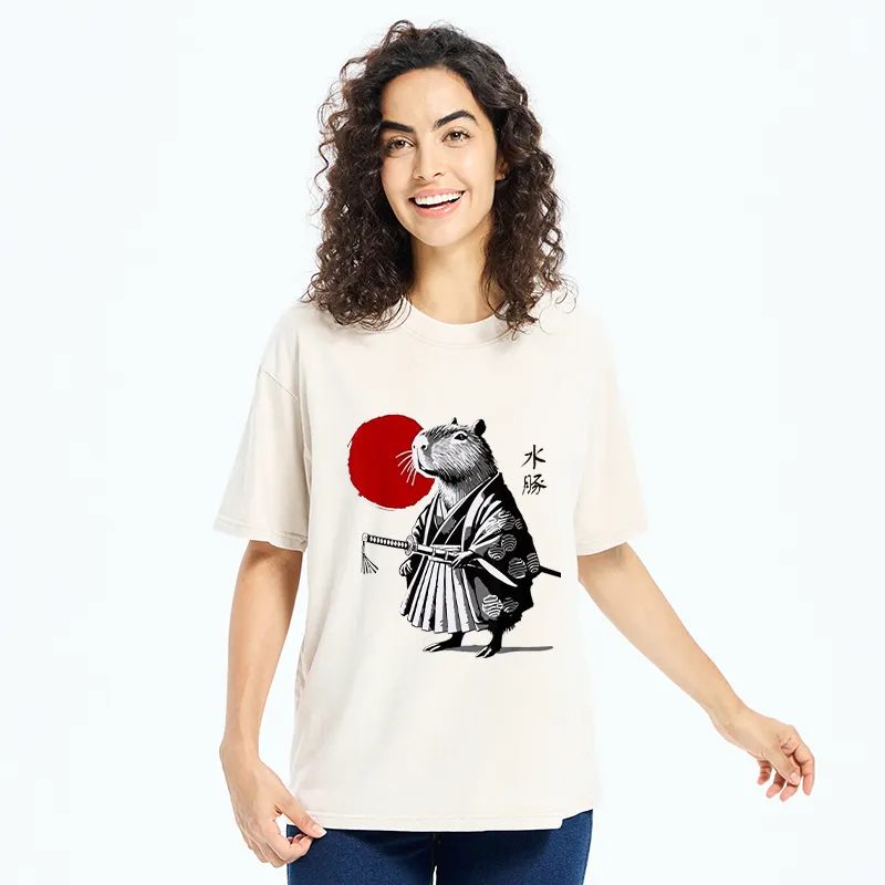 Tokyo-Tiger Capybara Samurai And Sun Washed T-Shirt