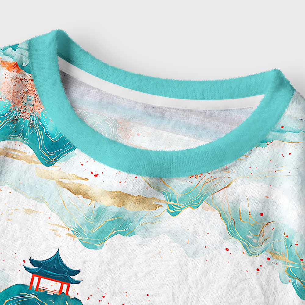 Tokyo-Tiger Serene Chinese Mountain Landscape Women's Fuzzy Cropped Sweatshirt