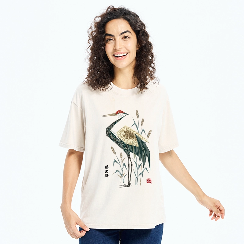 Tokyo-Tiger Geometric Crane Oriental Art Washed T-Shirt