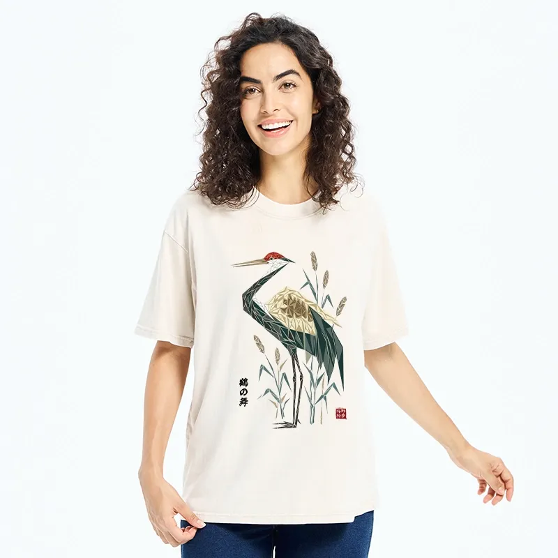Tokyo-Tiger Geometric Crane Oriental Art Washed T-Shirt