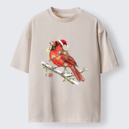 Tokyo-Tiger Christmas Cardinal Bird Washed T-Shirt
