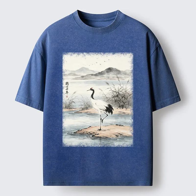 Tokyo-Tiger Serene Oriental Crane Art Washed T-Shirt