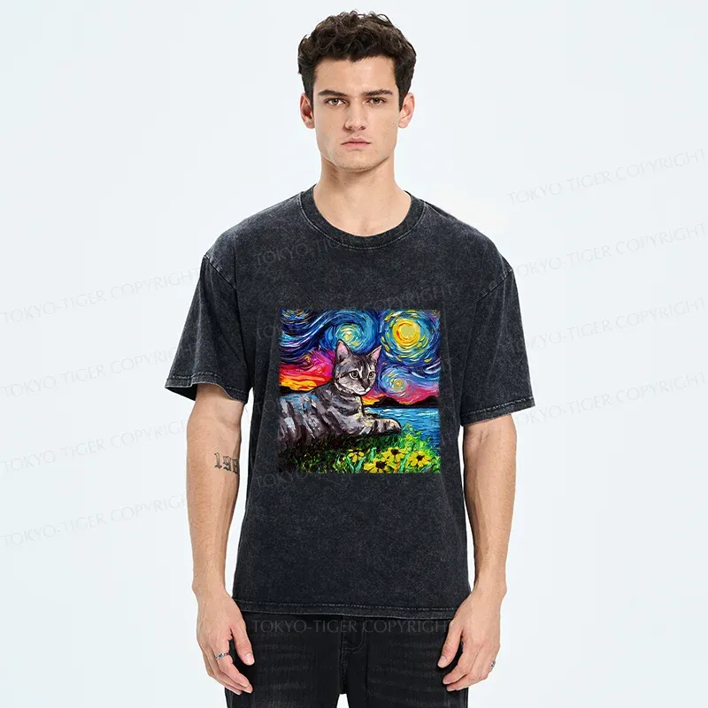 Tokyo-Tiger Cat Under The Starry Night Funny Washed T-Shirt