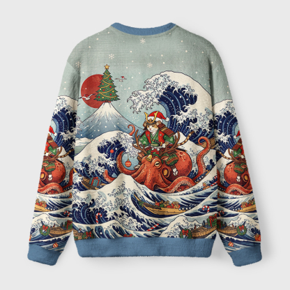 Tokyo-Tiger Japanese Ukiyo-E Samurai Cat Riding Octopus Fuzzy Christmas Ugly Sweatshirt