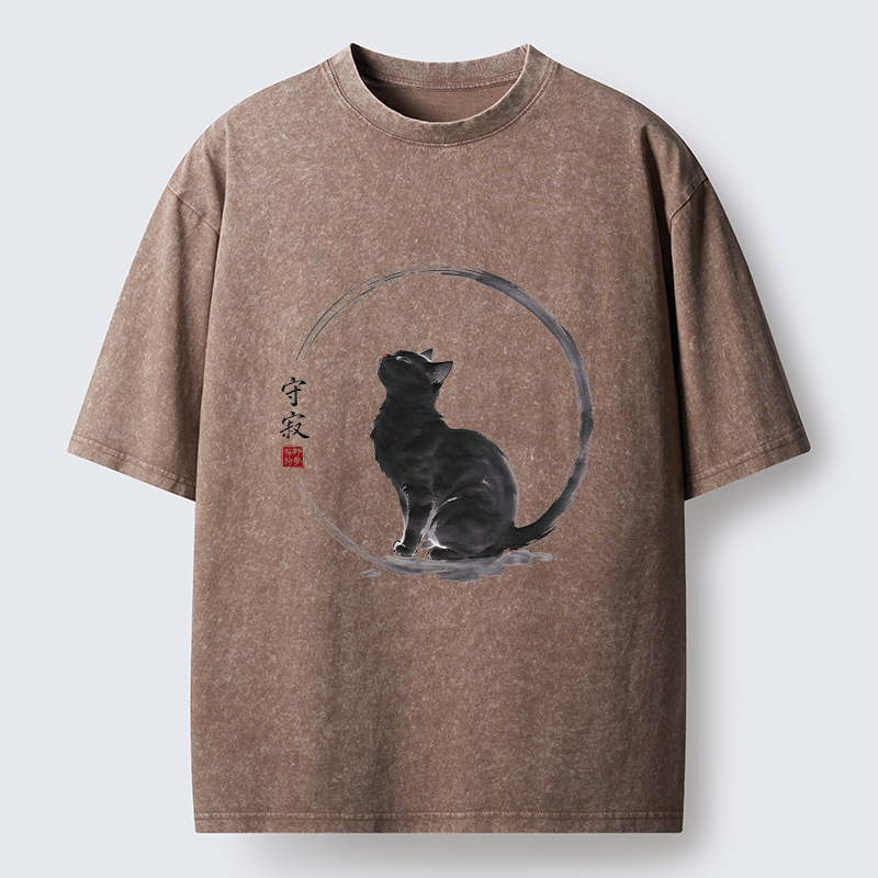 Tokyo-Tiger Traditional Zen Ink Cat Washed T-Shirt
