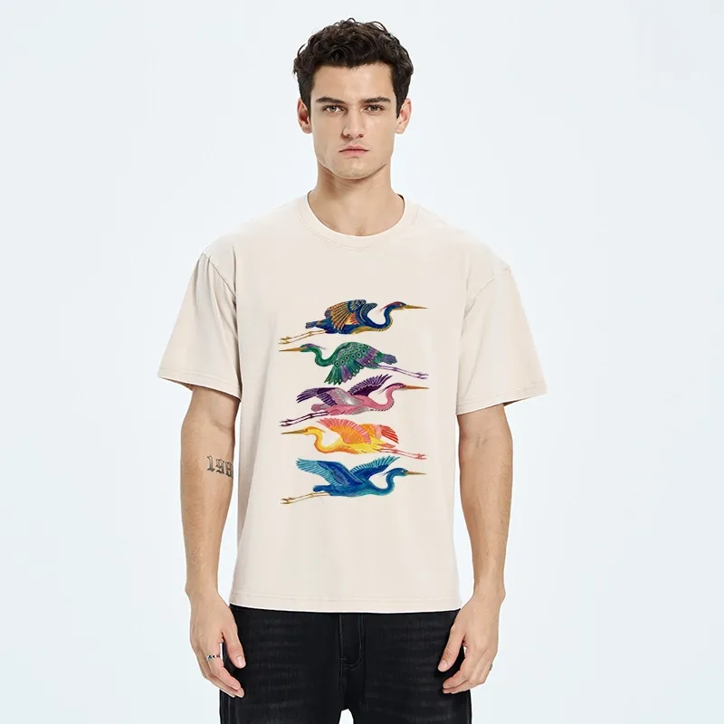 Tokyo‑Tiger Colorful Flying Cranes Washed T‑Shirt