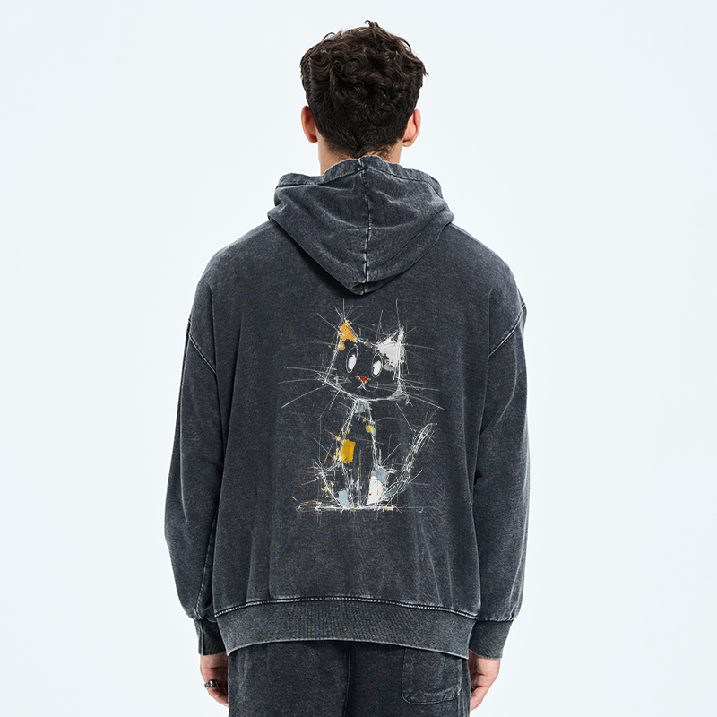 Tokyo-Tiger Minimal Splash Ink Cute Cat Washed Zip Hoodie