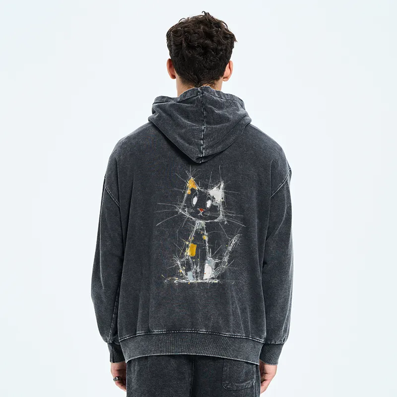 Tokyo-Tiger Minimal Splash Ink Cute Cat Washed Zip Hoodie