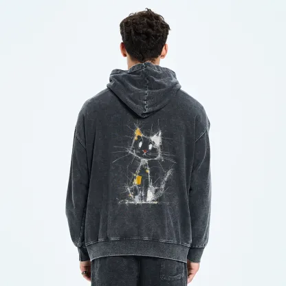 Tokyo-Tiger Minimal Splash Ink Cute Cat Washed Zip Hoodie