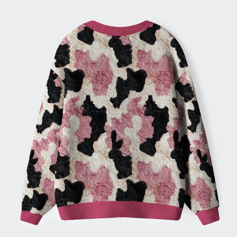 Tokyo-Tiger Pink-Patch Pastures: Whimsical Cow Print Ugly Cardigan Sweater