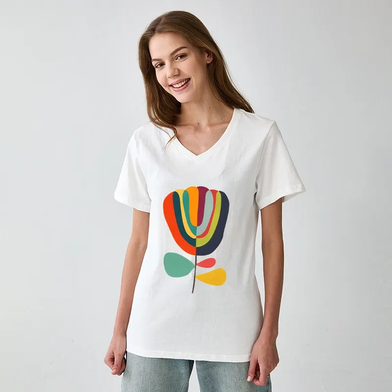 Tokyo-Tiger Colorful Flower Minimalist Print V-Neck Classic T-Shirt