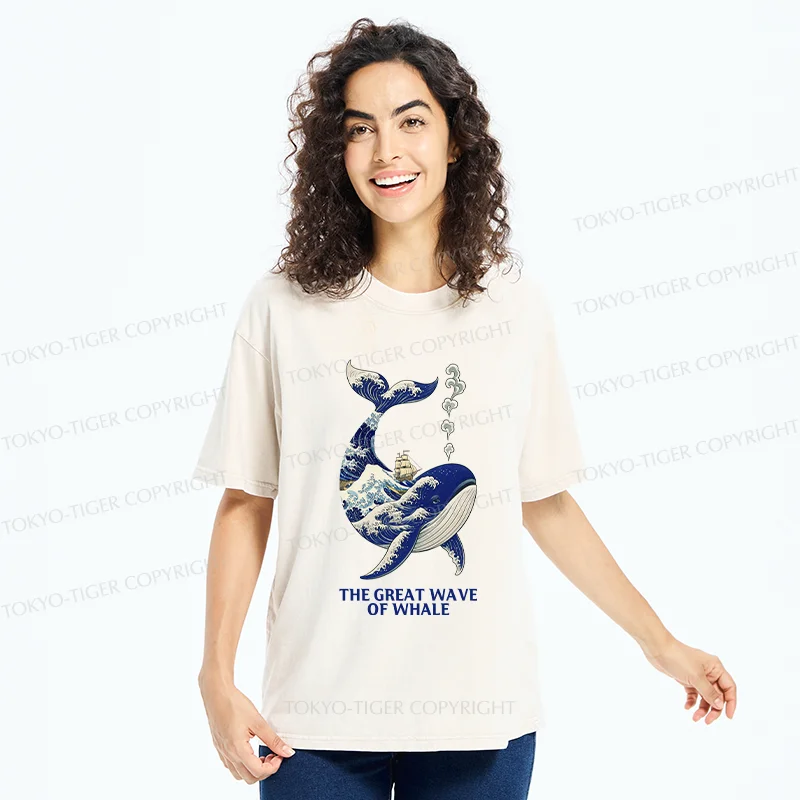 Tokyo-Tiger Ukiyoe Wave Whale Washed T-Shirt
