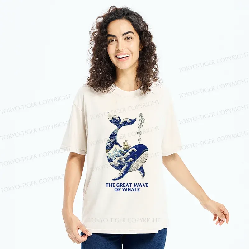 Tokyo-Tiger Ukiyoe Wave Whale Washed T-Shirt