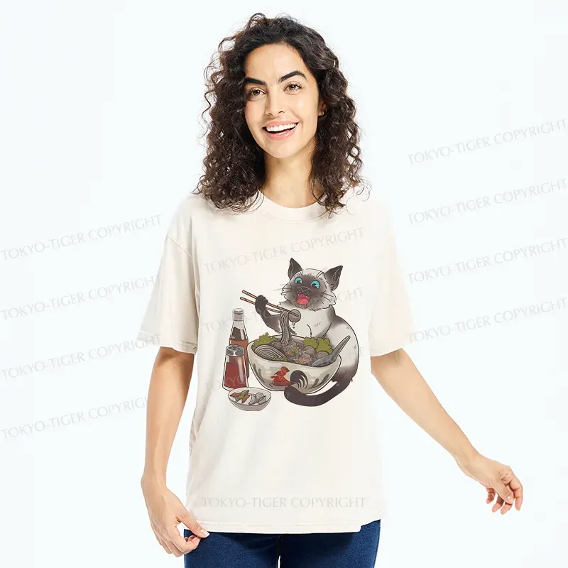 Tokyo-Tiger Siamese Cat Eating Ramen Washed T-Shirt