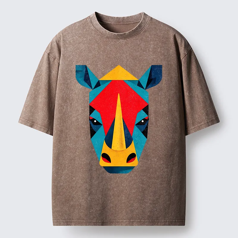 Tokyo-Tiger Geometric Rhino Art Washed T-Shirt
