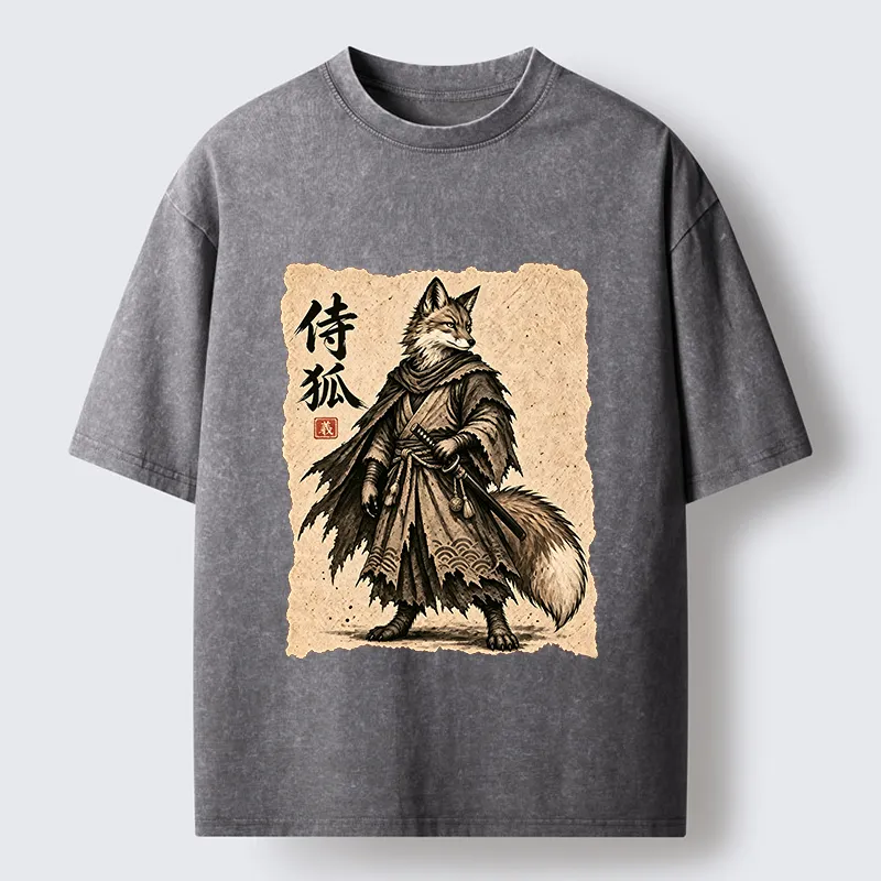 Tokyo‑Tiger Vintage Samurai Fox Art Washed T‑Shirt Sale