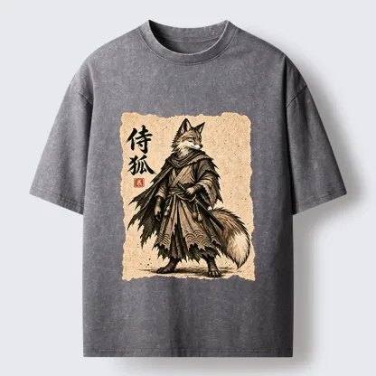 Tokyo-Tiger Vintage Samurai Fox Art Washed T-Shirt