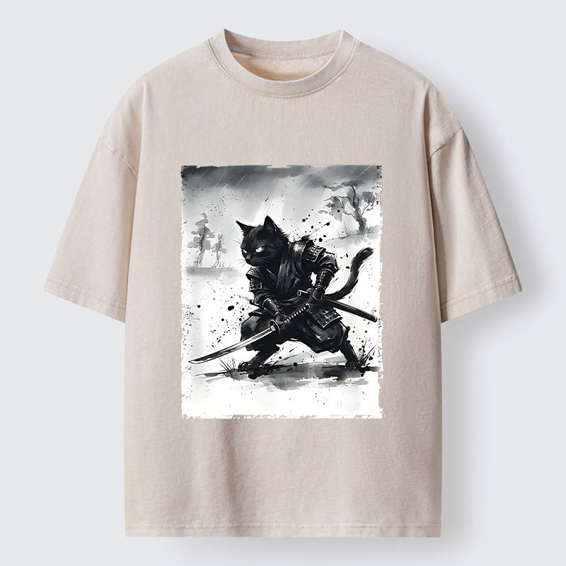 Tokyo‑Tiger Ink Samurai Cat Art Washed T‑Shirt Sale