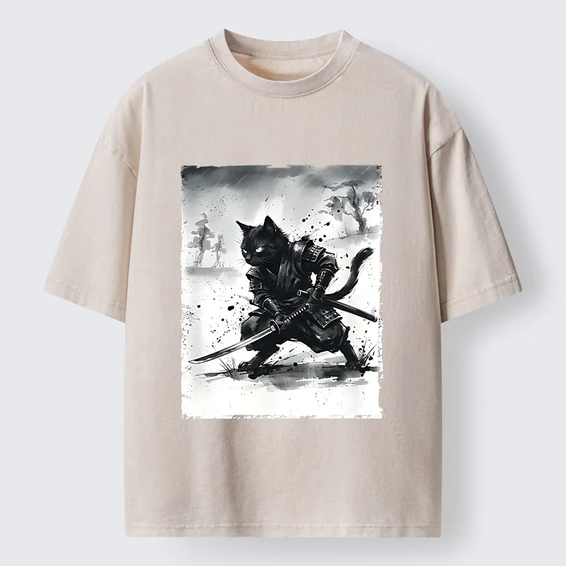 Tokyo-Tiger Ink Samurai Cat Art Washed T-Shirt