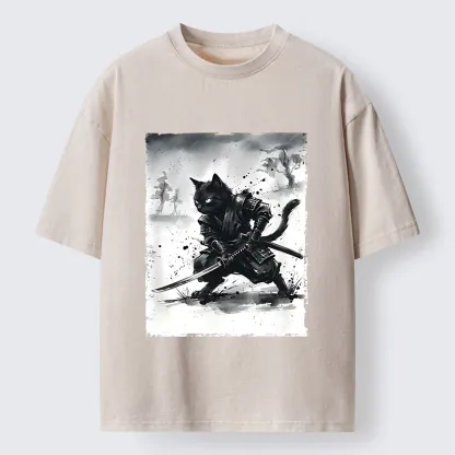 Tokyo-Tiger Ink Samurai Cat Art Washed T-Shirt