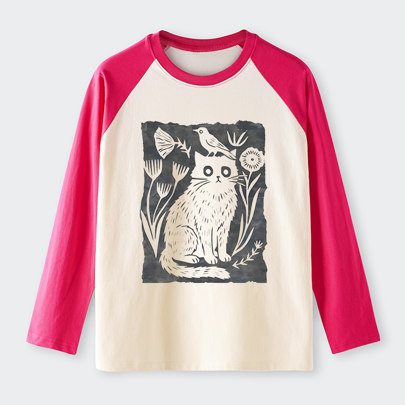 Tokyo-Tiger Folk Paper Cut Cat Bird Floral Art Raglan Long Sleeve T-shirt