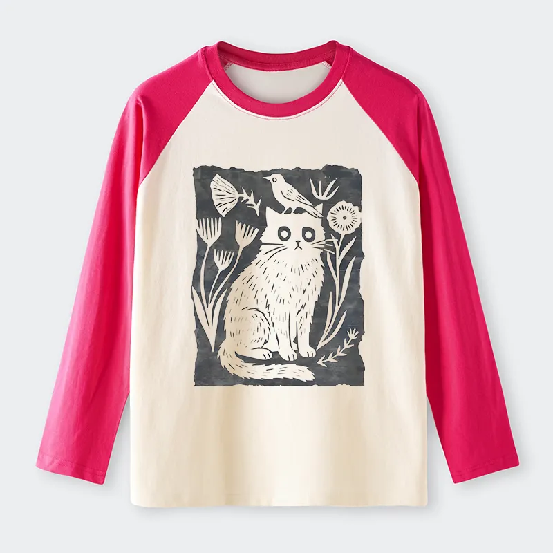 Tokyo-Tiger Folk Paper Cut Cat Bird Floral Art Raglan Long Sleeve T-shirt