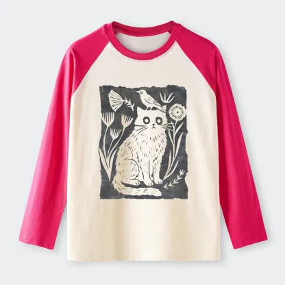 Tokyo-Tiger Folk Paper Cut Cat Bird Floral Art Raglan Long Sleeve T-shirt