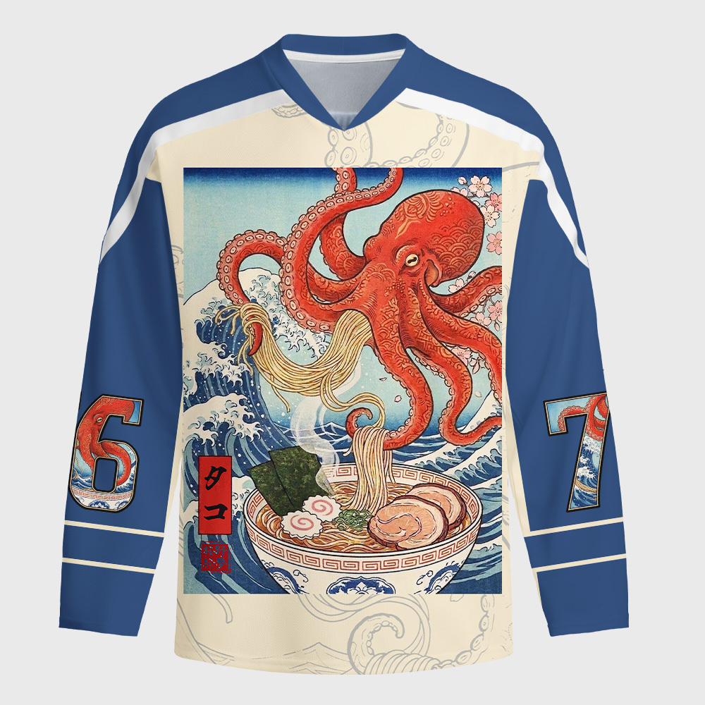 Tokyo-Tiger Octopus Ramen Kanagawa Waves Long-Sleeve Hockey Jersey