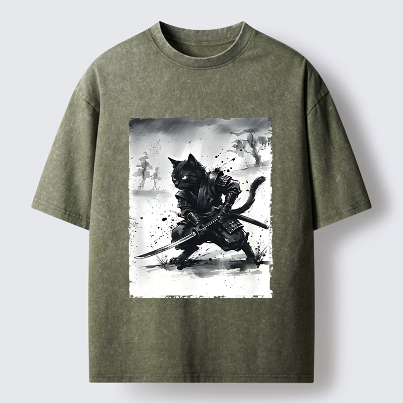 Tokyo-Tiger Ink Samurai Cat Art Washed T-Shirt