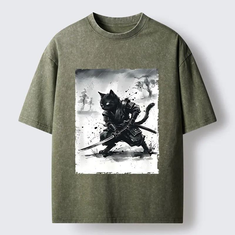 Tokyo-Tiger Ink Samurai Cat Art Washed T-Shirt